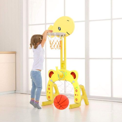  [아마존베스트]Basketball Hoop Set, 3 in 1 Sports Activity Center Grow-to-Pro Adjustable Easy Score Basketball Hoop, Football / Soccer Goal, Ring Toss Cute Giraffe Best Gift for Baby Infant Toddl