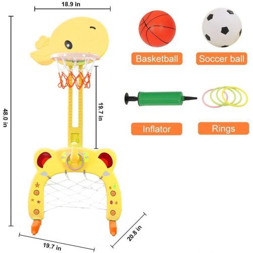  [아마존베스트]Basketball Hoop Set, 3 in 1 Sports Activity Center Grow-to-Pro Adjustable Easy Score Basketball Hoop, Football / Soccer Goal, Ring Toss Cute Giraffe Best Gift for Baby Infant Toddl