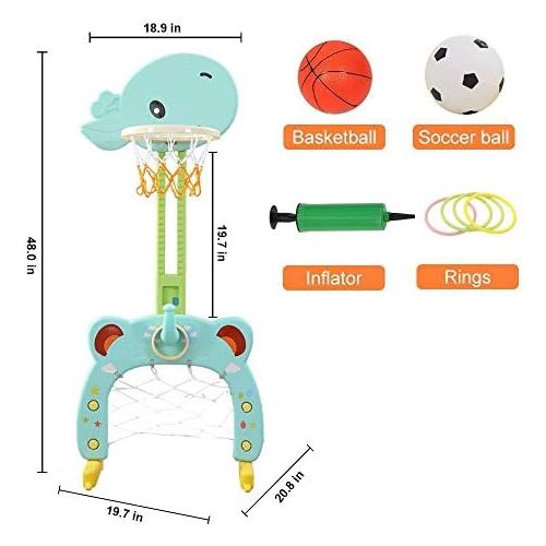  [아마존베스트]Basketball Hoop Set, 3 in 1 Sports Activity Center Grow-to-Pro Adjustable Easy Score Basketball Hoop, Football / Soccer Goal, Ring Toss Cute Giraffe Best Gift for Baby Infant Toddl