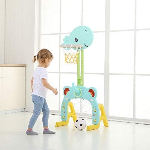  [아마존베스트]Basketball Hoop Set, 3 in 1 Sports Activity Center Grow-to-Pro Adjustable Easy Score Basketball Hoop, Football / Soccer Goal, Ring Toss Cute Giraffe Best Gift for Baby Infant Toddl