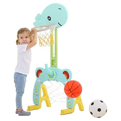  [아마존베스트]Basketball Hoop Set, 3 in 1 Sports Activity Center Grow-to-Pro Adjustable Easy Score Basketball Hoop, Football / Soccer Goal, Ring Toss Cute Giraffe Best Gift for Baby Infant Toddl