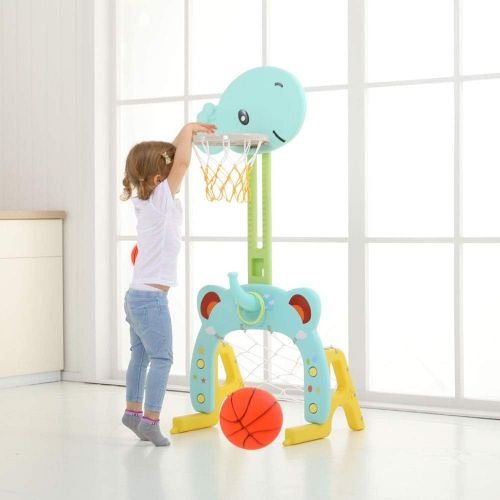  [아마존베스트]Basketball Hoop Set, 3 in 1 Sports Activity Center Grow-to-Pro Adjustable Easy Score Basketball Hoop, Football / Soccer Goal, Ring Toss Cute Giraffe Best Gift for Baby Infant Toddl