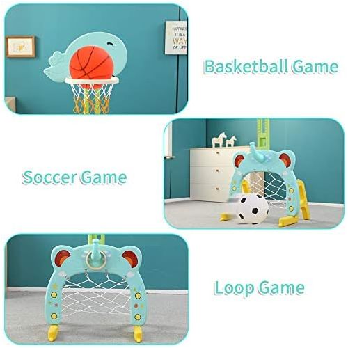  [아마존베스트]Basketball Hoop Set, 3 in 1 Sports Activity Center Grow-to-Pro Adjustable Easy Score Basketball Hoop, Football / Soccer Goal, Ring Toss Cute Giraffe Best Gift for Baby Infant Toddl