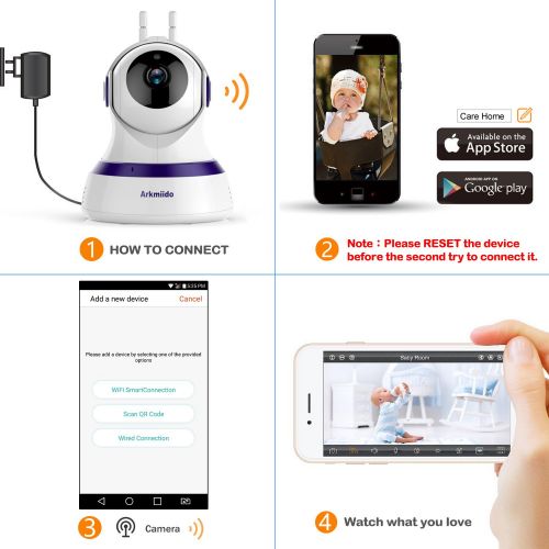  Arkmiido Baby Monitor Wireless Camera WiFi Camera Home Security Surveillance Monitor for BabyPet HD Video Two-Way Audio Automatic IR Night Vision Remote Motion Detection 2.4GHz Cloud Stora