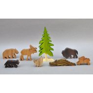 /ArksAndAnimals Wilderness Animal Play Set, Wooden Toy Blocks, Moose, Bear Waldorf Wood Toys Party Favors for Boys and Girls, Organic Woodland Toys Nontoxic