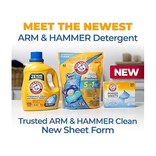  Arm & Hammer Power Sheets Laundry Detergent, Fresh Linen 50ct, up to 100 Small Loads (Packaging may vary)