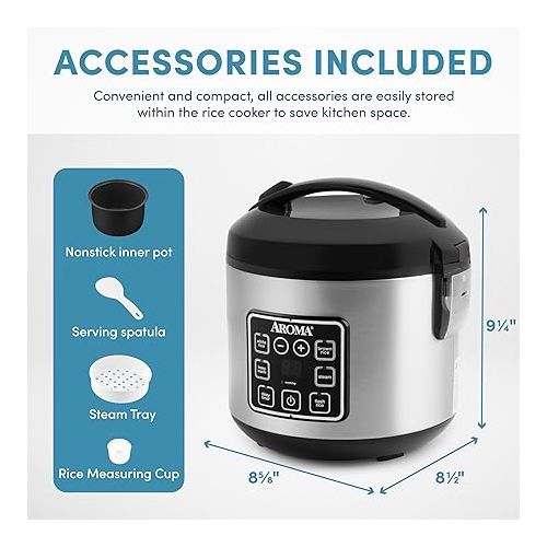 AROMA Digital Rice Cooker, 4-Cup (Uncooked) / 8-Cup (Cooked), Steamer, Grain Cooker, Multicooker, 2 Qt, Stainless Steel Exterior, ARC-914SBD