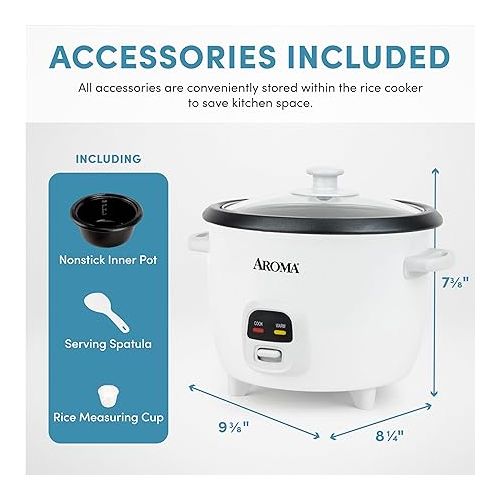  AROMA® Rice Cooker, 3-Cup (Uncooked) / 6-Cup (Cooked), Small Rice Cooker, Oatmeal Cooker, Soup Maker, Auto Keep Warm, 1.5 Qt, White, ARC-393NG