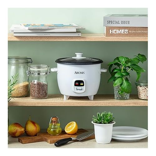  AROMA® Rice Cooker, 3-Cup (Uncooked) / 6-Cup (Cooked), Small Rice Cooker, Oatmeal Cooker, Soup Maker, Auto Keep Warm, 1.5 Qt, White, ARC-393NG