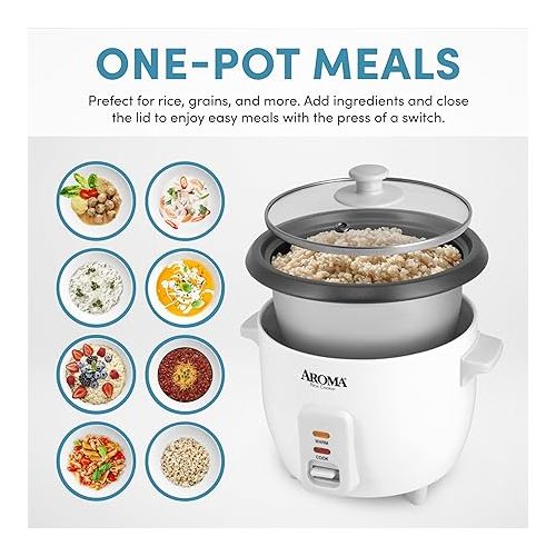  Aroma Housewares Aroma 6-cup (cooked) 1.5 Qt. One Touch Rice Cooker, White (ARC-363NG), 6 cup cooked/ 3 cup uncook/ 1.5 Qt.