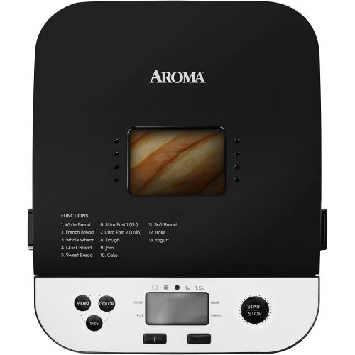  Aroma Housewares 1.5 lb. Digital Bread Maker, 11 Preset Functions and 3 Crust Colors, Nonstick Baking Pan, Stainless Steel (ABM-250), Black