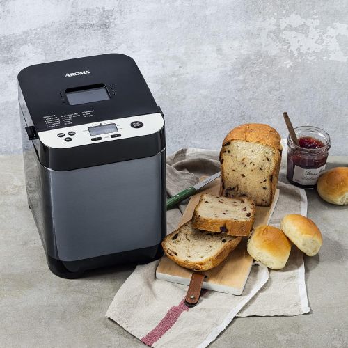  Aroma Housewares 1.5 lb. Digital Bread Maker, 11 Preset Functions and 3 Crust Colors, Nonstick Baking Pan, Stainless Steel (ABM-250), Black
