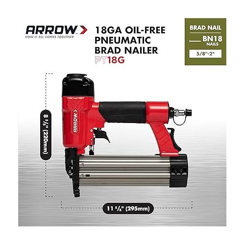  Arrow PT18G Gauge Oil-Free Pneumatic Brad Nailer - Small Light Trim and Interior Molding Work, Operates Up to 100psi Compression Unit, Fits 5/8