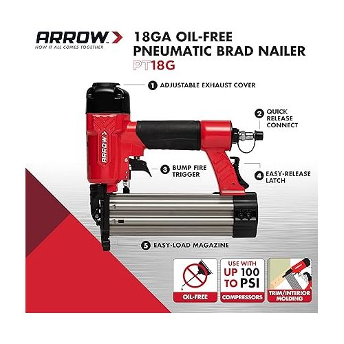  Arrow PT18G Gauge Oil-Free Pneumatic Brad Nailer - Small Light Trim and Interior Molding Work, Operates Up to 100psi Compression Unit, Fits 5/8