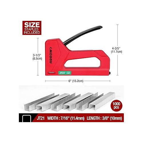  Arrow Light Duty Staple Gun, Lightweight Upholstery Stapler Kit for Wood with 1000 JT21 Staples, Plastic Housing Tacker for Crafts, Fabric, DIY, Household