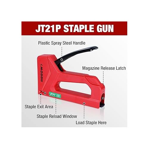  Arrow Light Duty Staple Gun, Lightweight Upholstery Stapler Kit for Wood with 1000 JT21 Staples, Plastic Housing Tacker for Crafts, Fabric, DIY, Household