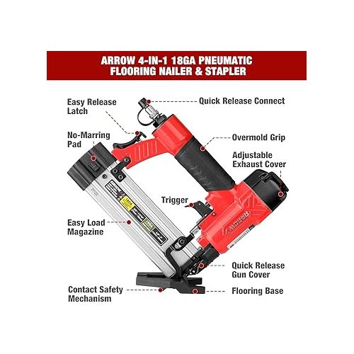  Arrow 4-in-1 Pneumatic 18 Gauge Flooring Stapler/Nailer, Oil-Free Mini 18 GA Pneumatic Flooring Staple Gun/Nail Gun with 1200 Pcs Staples/Nails, Adjustable Depth, for Upholstery, Flooring