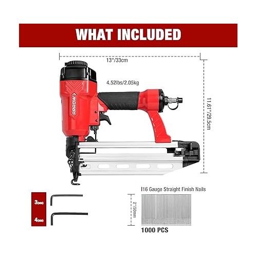  Arrow Pneumatic 16 Gauge Finish Nailer with 1000 Pcs Nails, 16 GA Professional Straight Nail Gun Kit, Oil-free Design, Depth Adjustable, Dryfire-lockout, Fits 1-1/4-Inch to 2-1/2-Inch Finish Nails