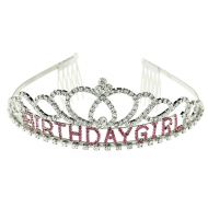 Arsimus Silver Rhinestone Birthday Girl Tiara with Pink Stones