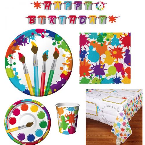  Art Party Supply Pack - includes Dinner and Dessert Plates, Cups, Napkins, Tablecover and Banner (16 Guests)