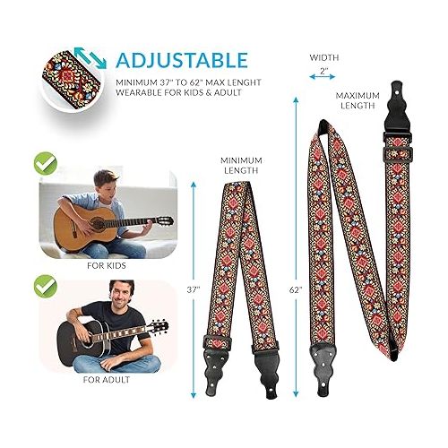  Guitar Strap For Acoustic Guitars , Electric Guitars and Bass , Red Vintage Woven Embroidered Adjustable Strap Includes 2 Strap Locks To Keep Your Guitar Safe & 2 Unique Picks and Pick Pocket