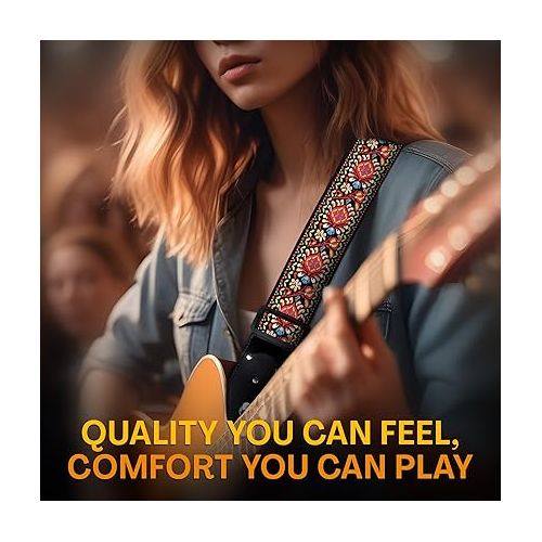  Guitar Strap For Acoustic Guitars , Electric Guitars and Bass , Red Vintage Woven Embroidered Adjustable Strap Includes 2 Strap Locks To Keep Your Guitar Safe & 2 Unique Picks and Pick Pocket