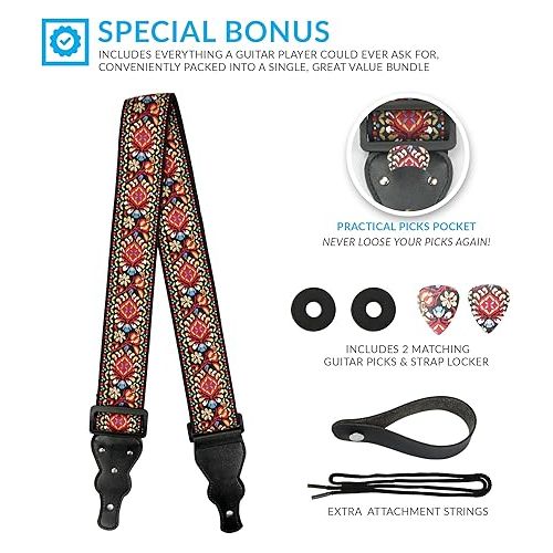  Guitar Strap For Acoustic Guitars , Electric Guitars and Bass , Red Vintage Woven Embroidered Adjustable Strap Includes 2 Strap Locks To Keep Your Guitar Safe & 2 Unique Picks and Pick Pocket