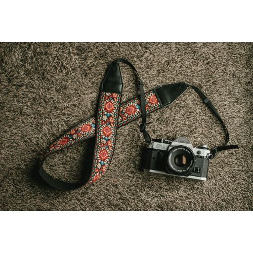  Art Tribute Red Woven Vintage Camera Strap For All DSLR Camera. Embroidered Elegant Universal Neck & Shoulder Strap, Floral Pattern, Great Gift For Men & Women Photographers