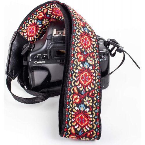  Art Tribute Red Woven Vintage Camera Strap For All DSLR Camera. Embroidered Elegant Universal Neck & Shoulder Strap, Floral Pattern, Great Gift For Men & Women Photographers