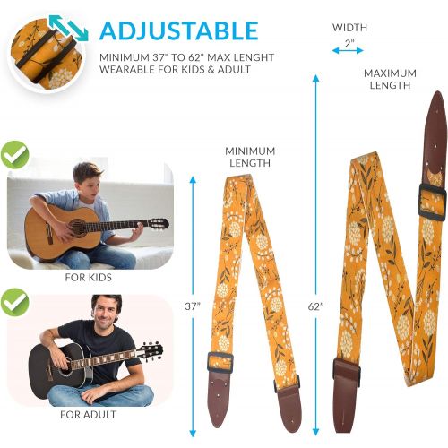  Art Tribute Guitar Strap Cotton Yellow Spring Blossom Flowers Includes 2 Picks + Strap Locks + Strap Button. For Bass, Electric & Acoustic Guitars. an Awesome Gift for Men & Women