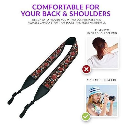  Art Tribute Red Woven Vintage Camera Strap For All DSLR Camera. Embroidered Elegant Universal Neck & Shoulder Strap, Floral Pattern, Great Gift for Men & Women Photographers