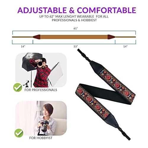  Art Tribute Red Woven Vintage Camera Strap For All DSLR Camera. Embroidered Elegant Universal Neck & Shoulder Strap, Floral Pattern, Great Gift for Men & Women Photographers