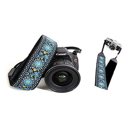  Art Tribute Blue Woven Vintage Camera Strap for All DSLR Camera. Embroidered Elegant Universal Neck & Shoulder Strap, Floral Pattern, Great Photographer Gift for Men & Women Photographers