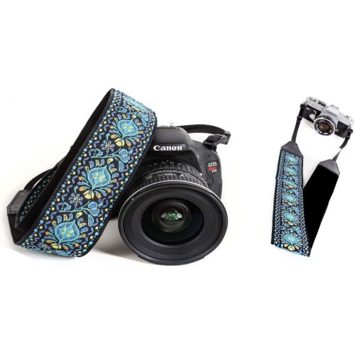  Art Tribute Blue Woven Vintage Camera Strap for All DSLR Camera. Embroidered Elegant Universal Neck & Shoulder Strap, Floral Pattern, Great Photographer Gift for Men & Women Photographers