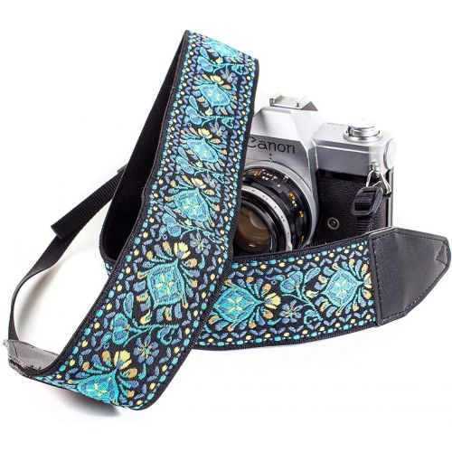  Art Tribute Blue Woven Vintage Camera Strap for All DSLR Camera. Embroidered Elegant Universal Neck & Shoulder Strap, Floral Pattern, Great Photographer Gift for Men & Women Photographers