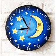 ArtClock Yellow Moon and Stars, Modern wall clock with numbers, wood clock, white home decor, kids gift, wedding gift.