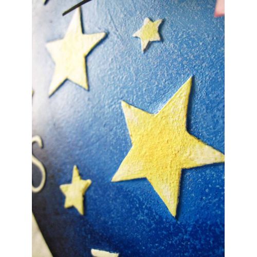  ArtClock Yellow Moon and Stars, Modern wall clock with numbers, wood clock, white home decor, kids gift, wedding gift.