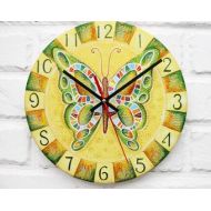 ArtClock Green Butterfly Wall Clock, Home Decor for Children Baby Kid Girl, wall clocks handmade, natural wood,kids gift, Kitchen style.