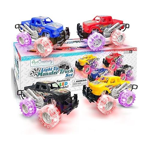  ArtCreativity Light Up Monster Trucks for Boys and Girls, 4-Pack Toy Truck Set, Monster Trucks for Boys 3 4 5 6 7 8 Years Old, Toddler Monster Truck Toys, Light Up Trucks