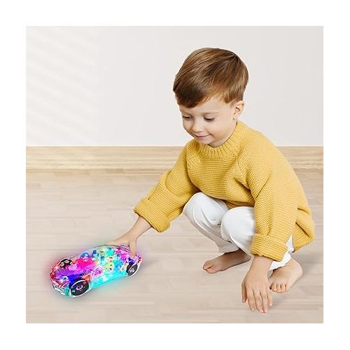  ArtCreativity Light Up Transparent Car Toy for Kids, Bump and Go Toy Car with Colorful Moving Gears, Music, LED Effects, Fun Sensory Toy for Toddlers Best Gift for Kids with Autism
