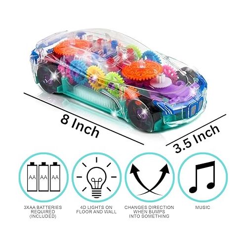  ArtCreativity Light Up Transparent Car Toy for Kids, Bump and Go Toy Car with Colorful Moving Gears, Music, LED Effects, Fun Sensory Toy for Toddlers Best Gift for Kids with Autism