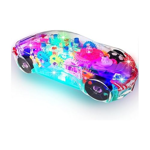  ArtCreativity Light Up Transparent Car Toy for Kids, Bump and Go Toy Car with Colorful Moving Gears, Music, LED Effects, Fun Sensory Toy for Toddlers Best Gift for Kids with Autism