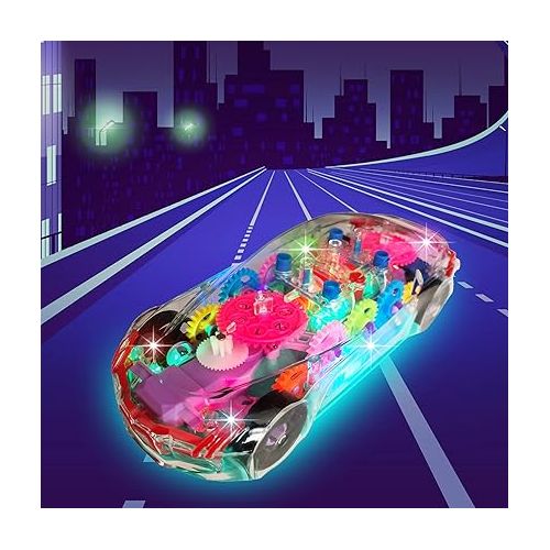  ArtCreativity Light Up Transparent Car Toy for Kids, Bump and Go Toy Car with Colorful Moving Gears, Music, LED Effects, Fun Sensory Toy for Toddlers Best Gift for Kids with Autism