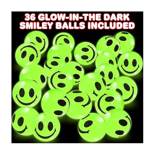  ArtCreativity Glow in The Dark Smile Face Bouncy Balls - Bulk Pack of 36, 1 Inch High Bounce Balls for Kids, Christmas Party Favors, Goodie Bag Stuffers for Boys and Girls