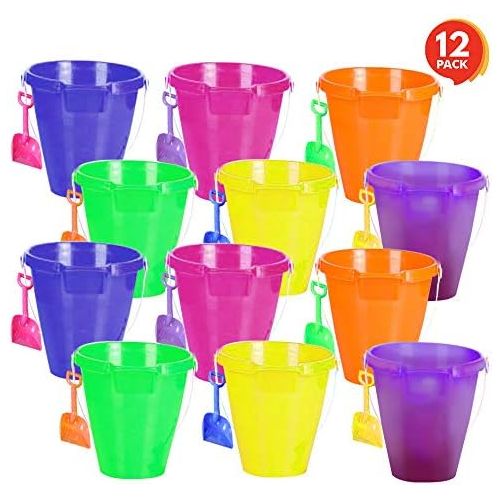  [아마존베스트]ArtCreativity 9 Inch Large Plastic Beach Pail and Shovel Set - Pack of 12 - Big Assorted Neon Buckets and Shovels - Summer Beach Toys - Practical Gift, Party Favor and Prize