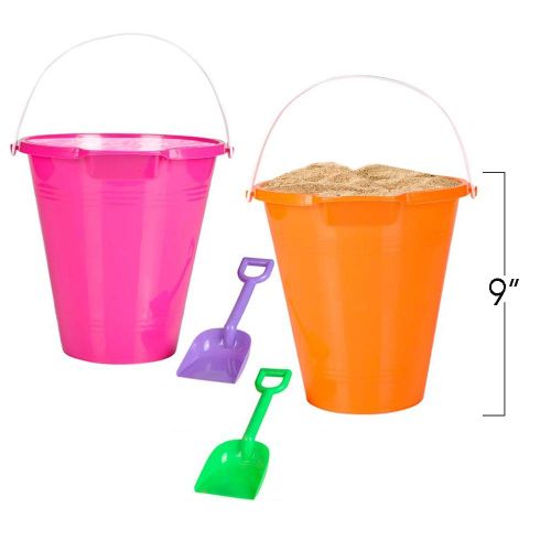  ArtCreativity Large Plastic Beach Pail and Shovel Set (Pack of 12) | 9 Big Assorted Neon Buckets and Shovels | Summer Beach Toys | Practical Gift, Party Favor and Prize