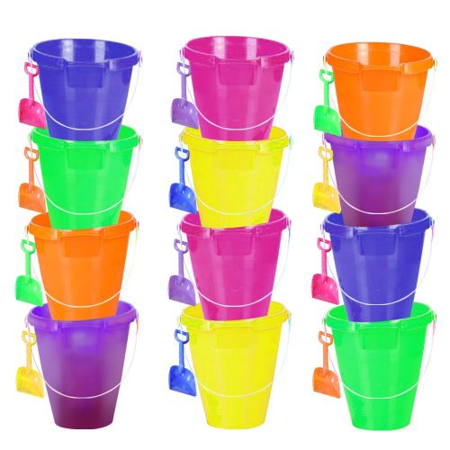  ArtCreativity Large Plastic Beach Pail and Shovel Set (Pack of 12) | 9 Big Assorted Neon Buckets and Shovels | Summer Beach Toys | Practical Gift, Party Favor and Prize