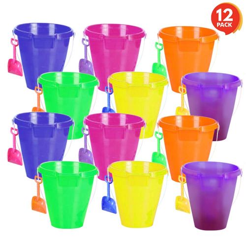  ArtCreativity Large Plastic Beach Pail and Shovel Set (Pack of 12) | 9 Big Assorted Neon Buckets and Shovels | Summer Beach Toys | Practical Gift, Party Favor and Prize