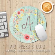 ArtPressStudio Monogrammed Floral Wreath Mousepad, Poppies on Mint Wood, Initial Monogram Mouse Pad, Shabby Chic Mousepad, Boho MousePad, Teachers Gift