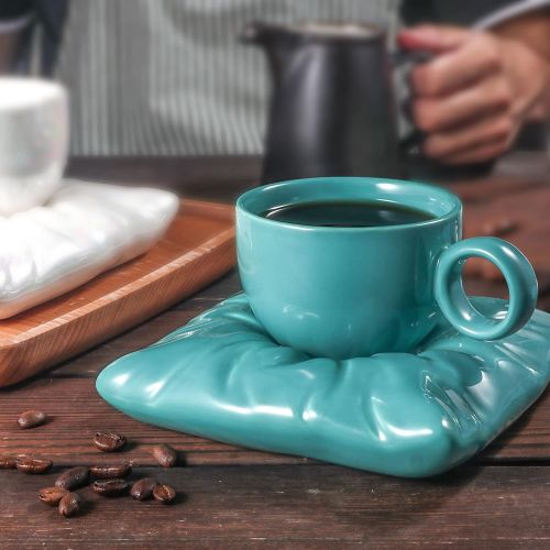  Artena 8 oz Turquoise Cappuccino Latte Cup, Ultra-fine Glazing Ceramic Coffee Cups Mugs Set, Fun Tea Cups and Saucers, Double Espresso Cups for Americano, Cafe Mocha, Dishwasher Sa